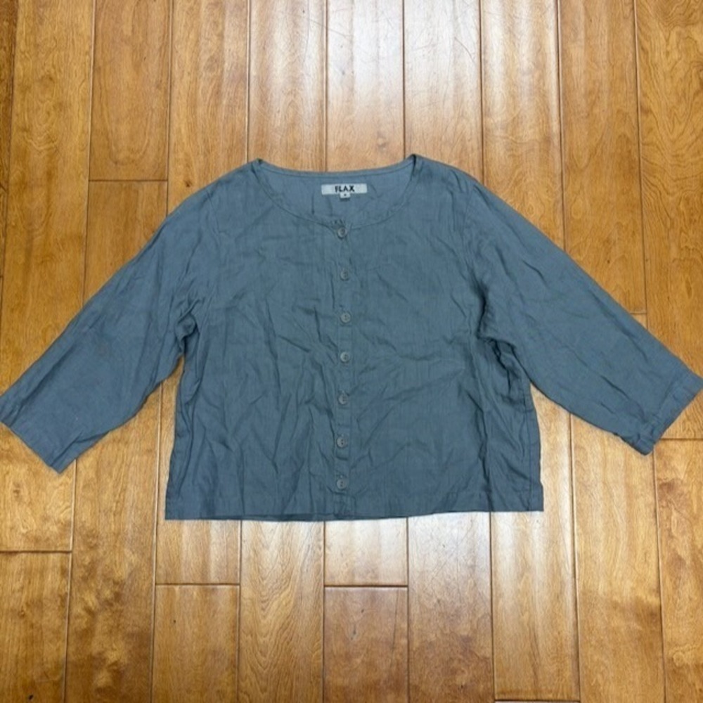 FLAX 100% Linen Top Womens Size S Gray Button Front 3/4 Sleeve Boxy Lagenlook